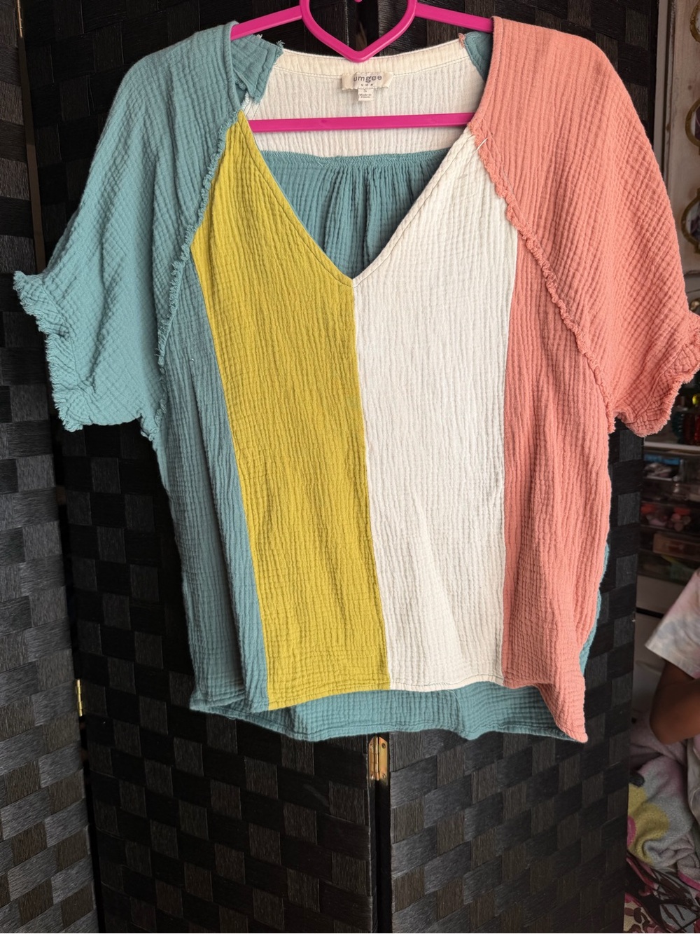 Umgee Colorblock V-Neck Women’s Top in Teal, Mustard, Cream & Coral -